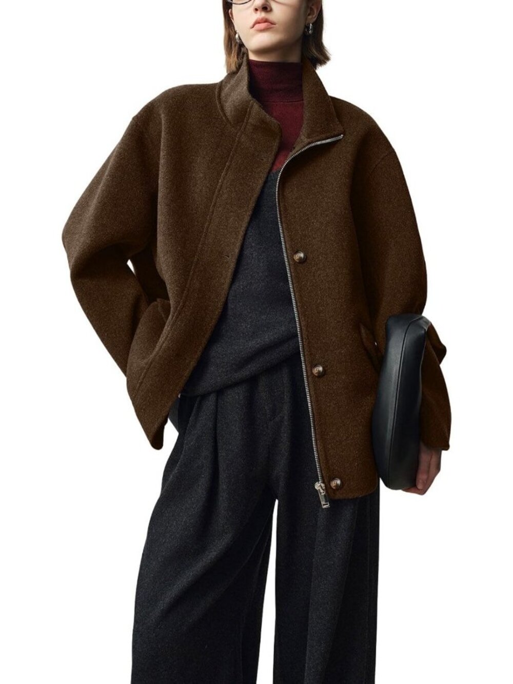 Stylish Women's Winter Wool Trench Coat with Stand Collar, Zip Up, Pockets